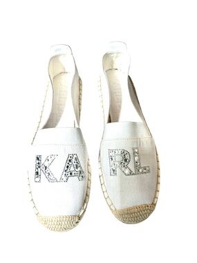 Karl Lagerfeld Manika White/Off White Canvas Espadrilles with Crystal Logo SZ 8M